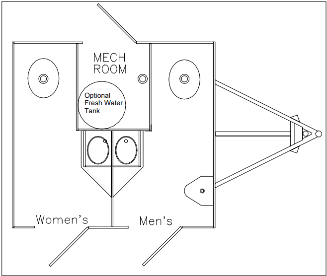 Floor plan diagram for the 2-Stall Trailer, showing stall and vanity layout