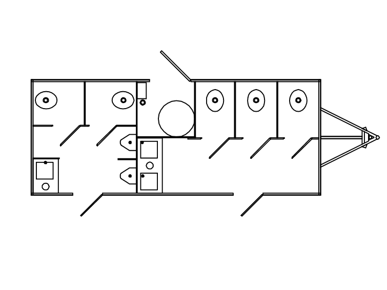 Floor plan diagram for the 7-Stall Luxury Trailer, showing stall and vanity layout