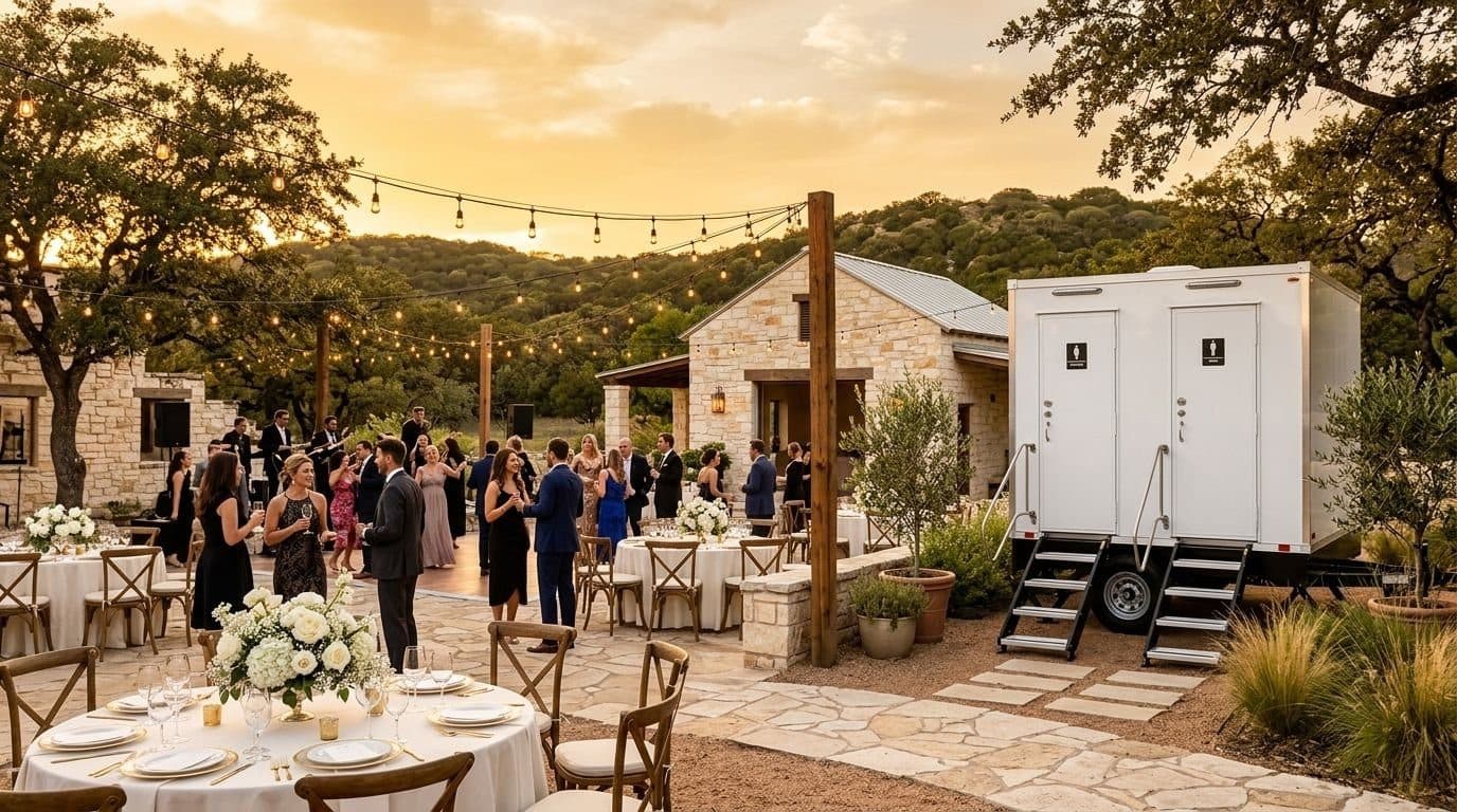Luxury restroom trailer set up for an event near Spring Branch, Texas